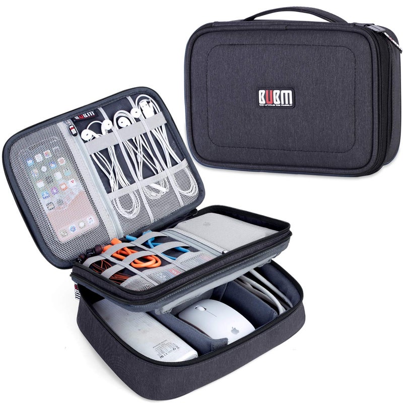 BUBM Electronic Organizer, Double Layer Travel Gear Bag for Cables, Plugs, Flash Hard Drive, Power Bank and More--a Sleeve Pouch for iPad (Large, Black) - Image 1